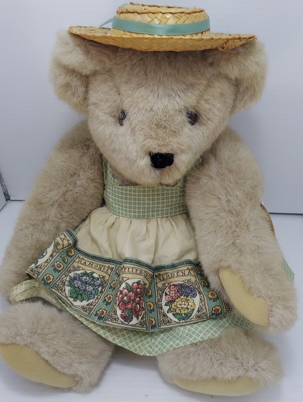 The Vermont Teddy Bear Gardening Bear Tan Plush 17" Apron Clothes Hat Tags 1992